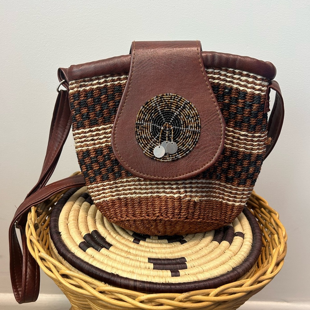 African Brown Woven Crossbody Bag